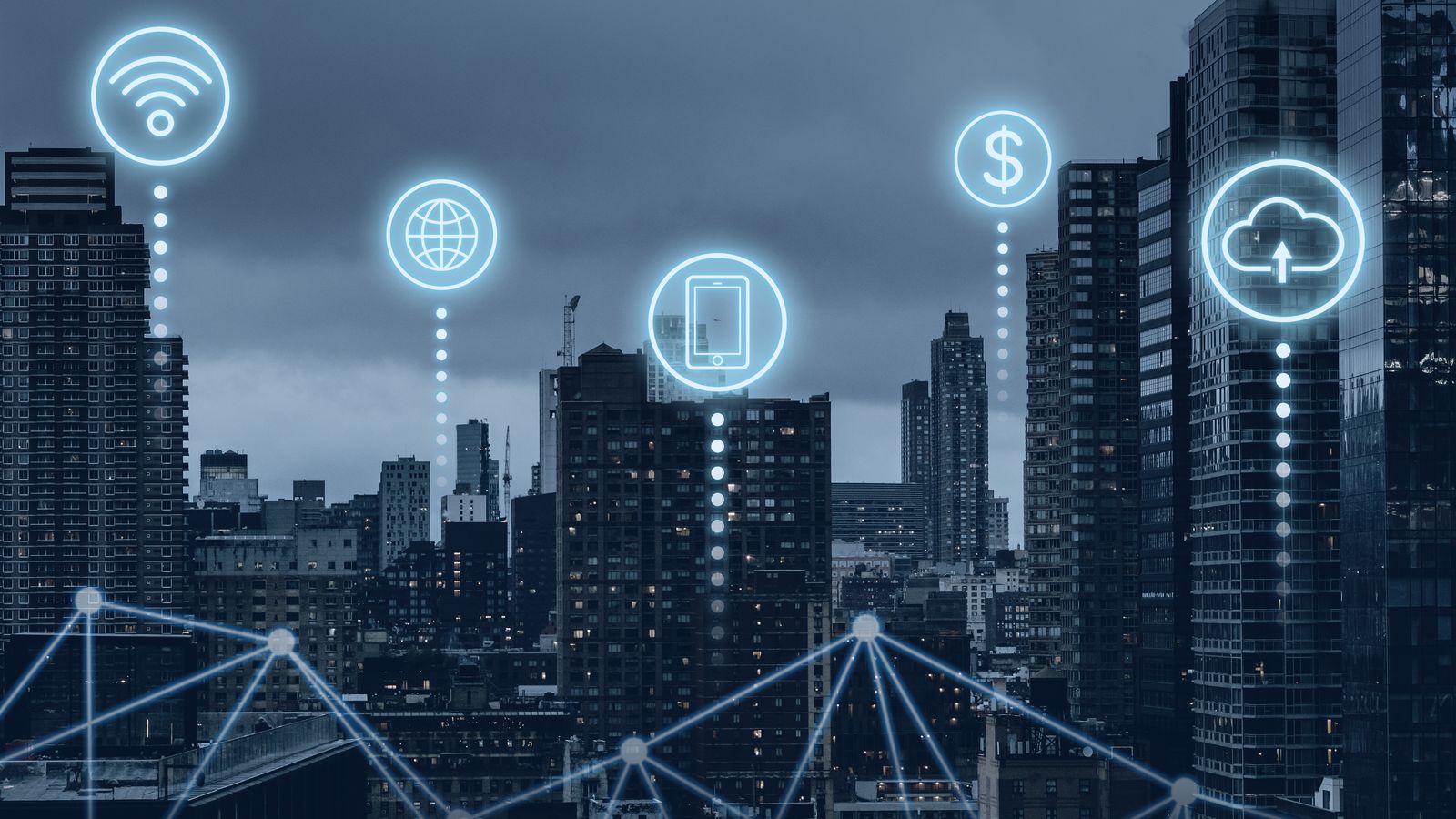 A city skyline at dusk overlaid with network connection lines and cloud, wifi and mobile icons