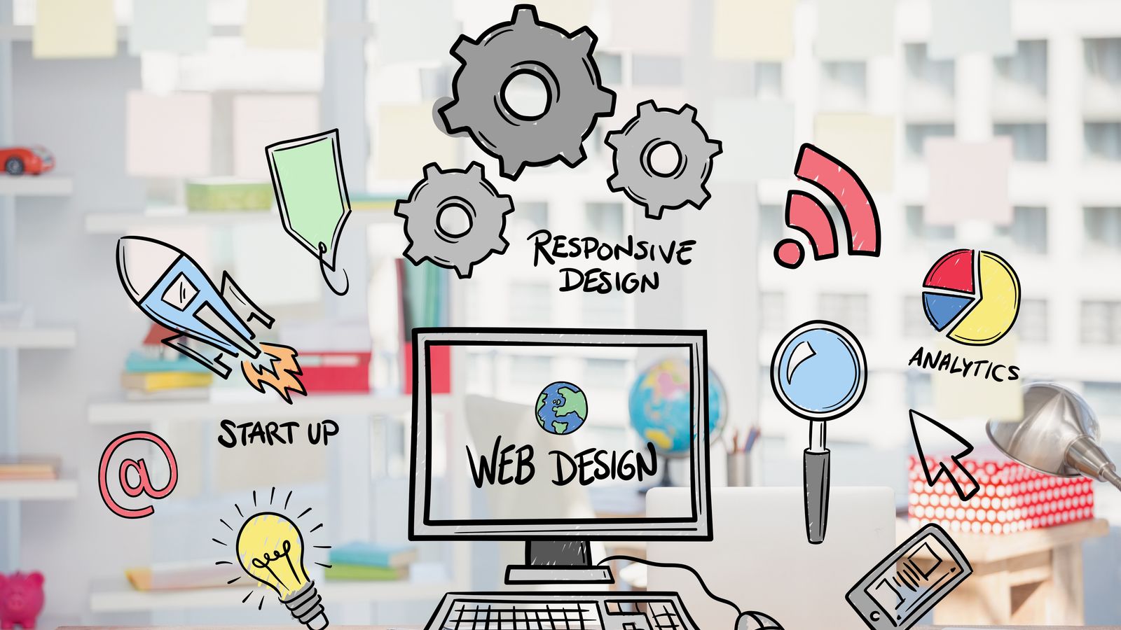 A desktop computer on an office desk, overlaid with hand-drawn icons for responsive design, analytics, search and launch